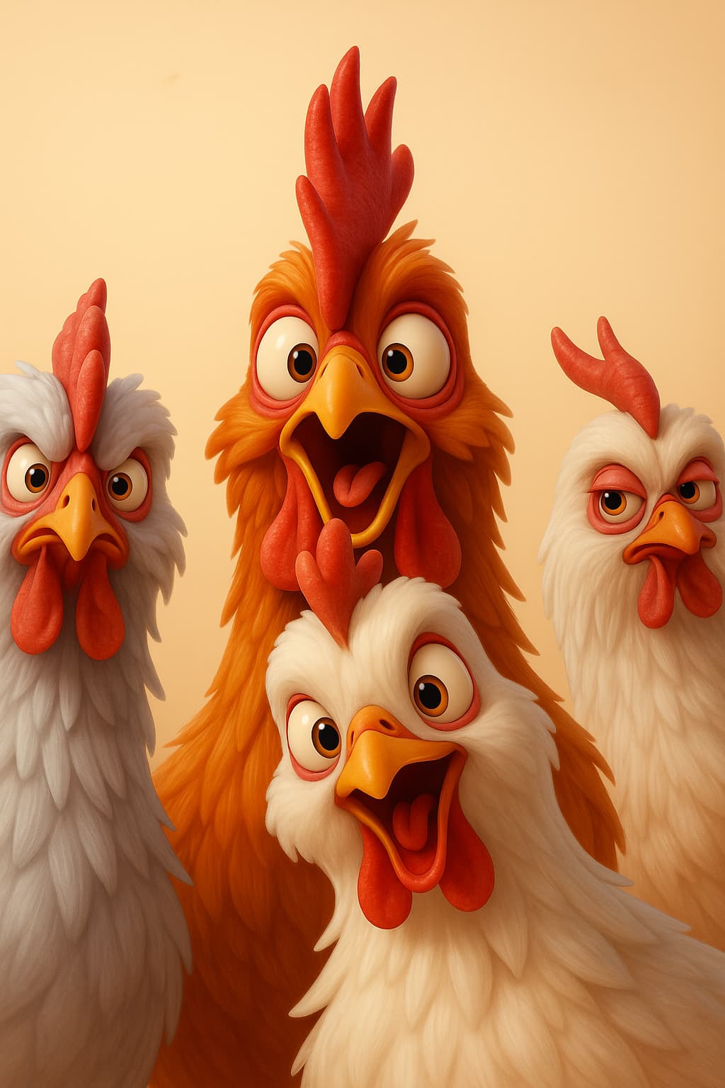 Gallinas felices en un campo verde
